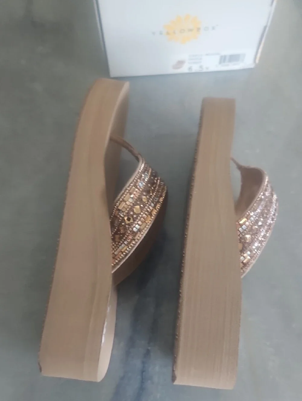 Yellow Box Beaded Taupe Platform Thong Sandals